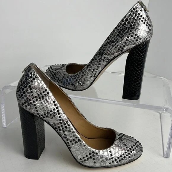 Calvin Klein Junie Foil Studded Snake Print Block Heel Pumps - Picture 1 of 10